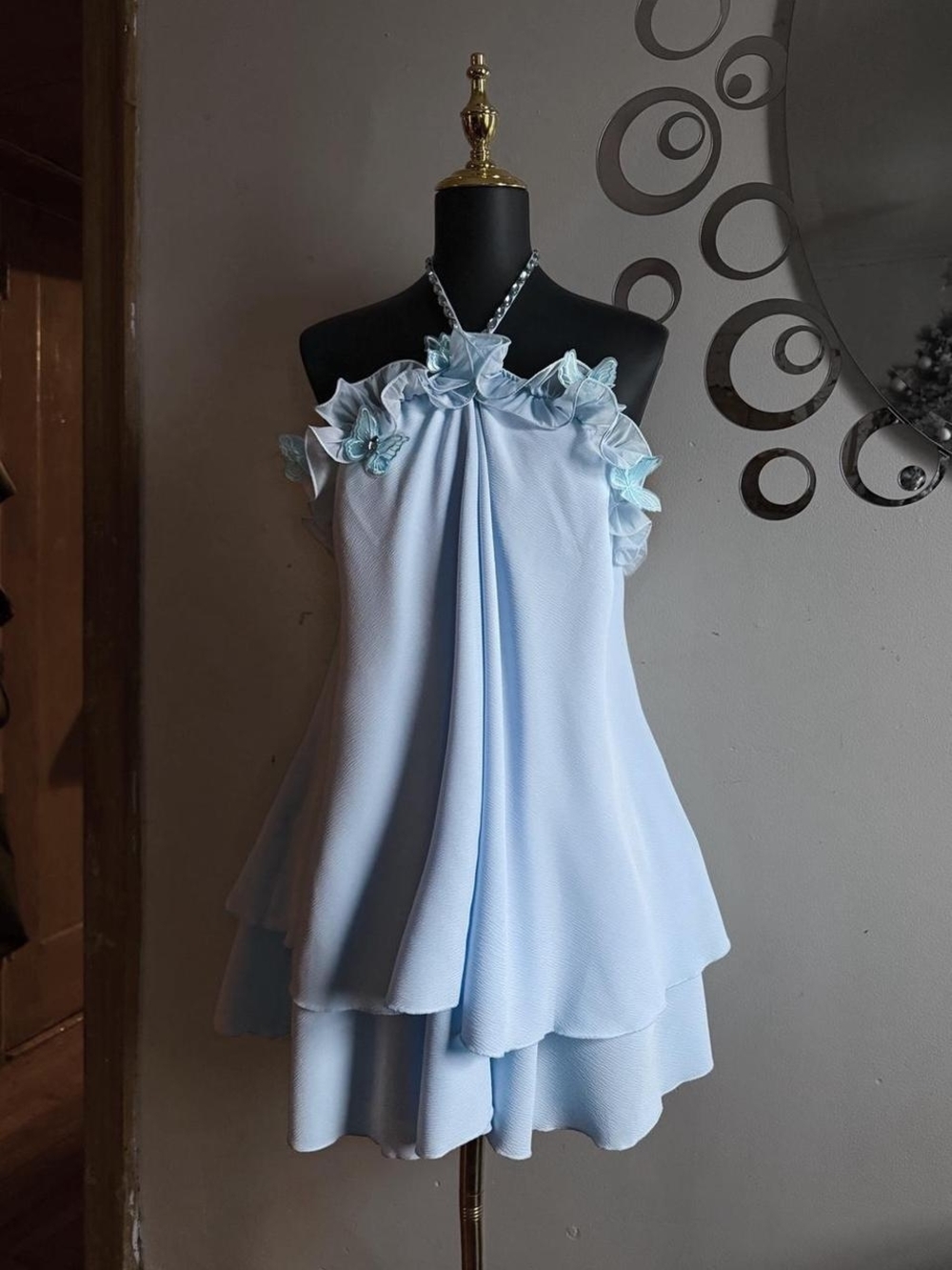 Light Blue Ruffle Halter Dress